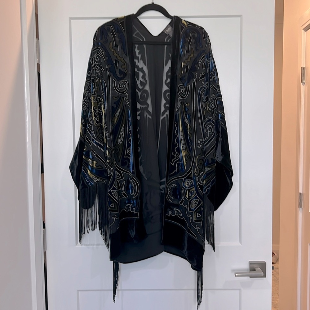 Chico's Travelers Velvet Paisley Fringed Shawl Kimono Size L/XL Women's